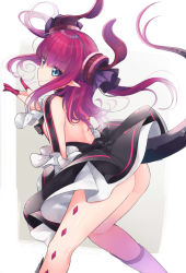 Rule 34 | 1girl, ass, back, backless dress, backless outfit, black dress, blue eyes, blush, boots, commentary request, curled horns, dragon girl, dragon horns, dragon tail, dress, elizabeth bathory (fate), elizabeth bathory (fate/extra ccc), elizabeth bathory (first ascension) (fate), fate/grand order, fate (series), feet out of frame, grey background, hand up, highres, horns, knee boots, leaning forward, long hair, long sleeves, looking away, looking to the side, miya ur, no panties, parted lips, pink hair, pointy ears, shiny skin, solo, standing, tail, thighs, two-tone background, upskirt, v-shaped eyebrows, white background, white footwear