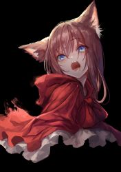 Rule 34 | 1girl, animal ear fluff, animal ears, black background, blue eyes, bow, brown hair, capelet, cat ears, fangs, frilled capelet, frills, hair between eyes, highres, hood, hood down, hooded capelet, little red riding hood, little red riding hood (grimm), looking at viewer, okuma mai, open mouth, red bow, red capelet, saliva, simple background, solo