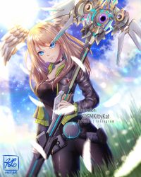Rule 34 | 1girl, black bodysuit, black choker, black jacket, blue eyes, bodysuit, breast tattoo, breasts, choker, cleavage, dutch angle, eunie (xenoblade), grass, head wings, highres, hood, jacket, large breasts, long hair, long sleeves, looking at viewer, open clothes, open jacket, sky, smkittykat, solo, tattoo, white wings, wings, xenoblade chronicles (series), xenoblade chronicles 3