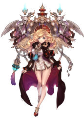 Rule 34 | 1girl, absurdres, angel wings, blonde hair, blue eyes, blue fire, breasts, broken, broken chain, cape, chain, chain necklace, crown, dress, fire, full body, highres, jewelry, long hair, medium breasts, necklace, olivia (yh), original, puffy sleeves, shoes, signature, simple background, skeleton, smile, snake hair, solo, white background, wings