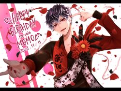 Rule 34 | 1boy, black hair, character name, collared shirt, commentary request, dated, dress shirt, falling petals, fang, fingernails, floral print, flower, happy birthday, heart, highres, idolish7, letterboxed, long sleeves, looking at viewer, male focus, momo (idolish7), multicolored hair, nail polish, napi kichi, open mouth, outstretched arm, petals, purple eyes, red flower, red nails, red rose, rose, shirt, short hair, solo, two-tone hair, upper body, white hair