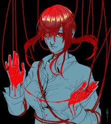 Rule 34 | 1girl, black background, blood, blood on hands, bound, breasts, chainsaw man, collarbone, colored sclera, eyes visible through hair, large breasts, long sleeves, looking at viewer, makima (chainsaw man), medium hair, red eyes, red hair, rope, rope around neck, shimenawa, shirt, solo focus, sumi eno, tied up (nonsexual), yellow sclera