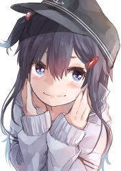 Rule 34 | 1girl, absurdres, akatsuki (kancolle), alternate costume, anchor symbol, black hair, black hat, commentary request, flat cap, hair bobbles, hair ornament, hairclip, hands on own face, hat, highres, kantai collection, long hair, looking at viewer, purple eyes, simple background, smile, solo, sweater, taisho (gumiyuki), upper body, white background, white sweater