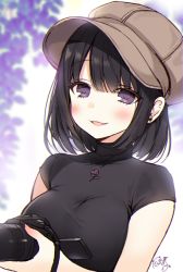 Rule 34 | 1girl, black hair, black shirt, blurry, blurry background, blush, breasts, brown hat, byulzzi, cabbie hat, camera, chromatic aberration, depth of field, earrings, hair between eyes, hands up, hat, holding, holding camera, jewelry, large breasts, original, parted lips, purple eyes, shirt, short hair, short sleeves, signature, smile, solo, stud earrings