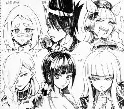 Rule 34 | 1boy, 5girls, animal ears, bandaid, bandaid on face, bandaid on nose, beard, bikini, blunt bangs, bow, bowtie, braid, character request, collarbone, collared shirt, commentary request, copyright request, danganronpa: trigger happy havoc, danganronpa (series), danganronpa v3: killing harmony, facial hair, gender request, goatee, greyscale, hair ornament, hair over one eye, hair ribbon, hair scrunchie, hand on own chin, hand up, hat, highres, horse ears, jacket, long hair, long tongue, looking at viewer, mole, mole under eye, monochrome, multiple girls, necktie, portrait, ribbon, scrunchie, shirt, short hair, smile, spiked hair, sweatdrop, swimsuit, thinking, tongue, tongue out, traditional media, translation request, tsunemi aosa, twintails, umamusume