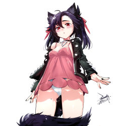 Rule 34 | 1girl, ahoge, animal ears, black choker, black jacket, black nails, blush, breasts, choker, cleavage, collarbone, commentary request, cosplay, creatures (company), dated, dress, ejami, fox ears, fox tail, from below, game freak, gluteal fold, hair ribbon, jacket, long hair, long sleeves, looking at viewer, looking down, marnie (pokemon), marnie (pokemon) (cosplay), mole, mole on thigh, nail polish, nintendo, off shoulder, open clothes, open jacket, original, pink dress, pokemon, pokemon swsh, purple hair, red eyes, red ribbon, ribbon, short dress, signature, simple background, single bare shoulder, small breasts, solo, tail, twintails, upskirt, white background