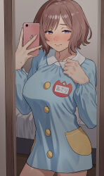 Rule 34 | 1girl, absurdres, bed, blush, bo (bocky0w0), breasts, brown hair, full-length mirror, gakuen idolmaster, highres, holding, holding phone, idolmaster, indoors, kindergarten uniform, light smile, long sleeves, looking at viewer, medium breasts, mirror, name tag, neo asari, phone, purple eyes, selfie, solo, sweatdrop, thighs