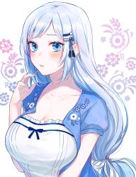 Rule 34 | 1girl, blue eyes, blue hair, blue jacket, blue nails, blush, breasts, cleavage, collarbone, commentary request, floral print, hair ornament, hairclip, hand in own hair, highres, idolmaster, idolmaster million live!, idolmaster million live! theater days, jacket, large breasts, light blue hair, long hair, looking at viewer, low-tied long hair, nail polish, parted lips, shiraishi tsumugi, short sleeves, solo, sudach koppe, tassel, upper body