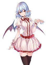 Rule 34 | 1girl, bat wings, black thighhighs, blue hair, breasts, commentary, cowboy shot, cup, dress, hair between eyes, hand up, holding, holding cup, junior27016, medium breasts, neck ribbon, no headwear, pointy ears, red ribbon, remilia scarlet, ribbon, short dress, simple background, solo, standing, teacup, thighhighs, touhou, white background, white dress, wings, wrist cuffs, zettai ryouiki