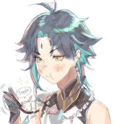 Rule 34 | 1boy, ahoge, ahoge wag, arm tattoo, bare shoulders, bead necklace, beads, black gloves, black hair, blush, closed mouth, diamond-shaped pupils, diamond (shape), eating, english text, expressive hair, facial mark, food, forehead mark, genshin impact, gloves, green hair, highres, holding, holding spoon, jewelry, long hair, male focus, multicolored hair, necklace, oyakorodesu, parted bangs, simple background, sleeveless, solo, speech bubble, spoon, symbol-shaped pupils, tattoo, tofu, utensil, white background, xiao (genshin impact), yellow eyes