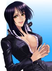 Rule 34 | 1girl, black hair, breasts, cleavage, nico robin, no bra, one piece, open clothes, open shirt, shirt, smile, solo, unzipped, yellow eyes