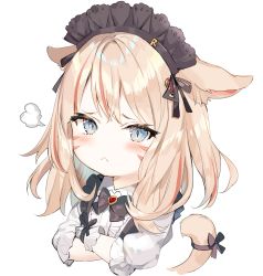 Rule 34 | 1girl, :&lt;, puff of air, animal ears, blonde hair, blue eyes, blush, cat ears, cat girl, cat tail, chibi, crossed arms, facial mark, final fantasy, final fantasy xiv, highres, looking at viewer, maid, maid headdress, miqo&#039;te, momoko (momopoco), multicolored hair, portrait, red hair, simple background, tail, upper body, warrior of light (ff14), white background