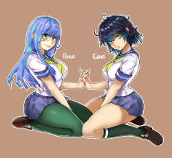 Rule 34 | &gt;:(, 2girls, aged down, ahoge, black hair, blue hair, blue skirt, breasts, brown footwear, character name, closed mouth, duplicate, freckles, from side, frown, fubuki (one-punch man), full body, glasses, green eyes, green legwear, highres, holding hands, interlocked fingers, loafers, long hair, looking at viewer, looking to the side, medium breasts, multiple girls, neckerchief, one-punch man, pantyhose, pleated skirt, psychos (one-punch man), psykos, rimless eyewear, school uniform, seiza, serafuku, shoes, short hair, short sleeves, sidelocks, sitting, skirt, smile, socks, the golden smurf, v-shaped eyebrows