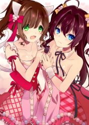 Rule 34 | 2girls, animal ears, arm ribbon, black ribbon, blue eyes, bow, breasts, brown hair, cat ears, cat tail, choker, cleavage, detached collar, dress, green eyes, hair between eyes, hair bow, hair ornament, heart, highres, holding, holding microphone, ichinose shiki, idolmaster, idolmaster cinderella girls, long hair, maekawa miku, medium breasts, microphone, multiple girls, nail polish, neck ribbon, obybuss, open mouth, orange bow, pink nails, red ribbon, ribbon, shiny skin, simple background, strapless, strapless dress, tail, two side up, very long hair, white background