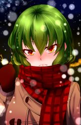 Rule 34 | 1girl, absurdres, alternate costume, blush, brown coat, brown gloves, buttons, coat, commentary request, frown, full-face blush, gloves, green hair, hair between eyes, highres, itocoh, kazami yuuka, light particles, looking at viewer, orange eyes, plaid, plaid scarf, pout, red scarf, scarf, solo, touhou, upper body, winter clothes