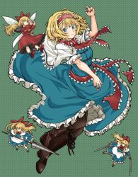 Rule 34 | 1girl, alice margatroid, arm up, black footwear, blonde hair, blue eyes, boots, bow, brown footwear, brown socks, capelet, closed mouth, commentary request, cross-laced footwear, dress, dual wielding, full body, hair bow, hairband, highres, holding, holding sword, holding weapon, hourai doll, lace-up boots, lance, long hair, long sleeves, looking at viewer, mary janes, natsushiro, polearm, polka dot, polka dot background, red bow, red footwear, shanghai doll, shoes, short hair, short sleeves, socks, solo, sword, touhou, weapon, white socks, wings