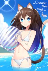 Rule 34 | 1girl, animal ears, ball, bikini, blue eyes, blush, brown hair, cat ears, cat tail, closed mouth, commission, cowboy shot, flat chest, front-tie bikini top, front-tie top, highres, holding, holding ball, konogi nogi, long hair, looking at viewer, navel, ocean, original, outdoors, side-tie bikini bottom, signature, skeb commission, smile, solo, standing, swimsuit, tail, two side up, wading, wet