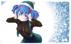 Rule 34 | 1girl, adapted costume, amekosame, beanie, between breasts, blue eyes, blue hair, breasts, earmuffs, hair bobbles, hair ornament, hat, kawashiro nitori, key, matching hair/eyes, open mouth, pom pom (clothes), short hair, skirt, solo, sweater, touhou, turtleneck, two side up