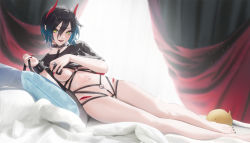Rule 34 | 1girl, :d, alternate costume, azur lane, bad id, bad pixiv id, barefoot, bdsm, bed sheet, black collar, black hair, black nails, black shirt, blue hair, breasts, cirilla lin, clothes lift, collar, covering privates, covering breasts, curtains, ear piercing, fang, full body, hair between eyes, hand on own chest, harness, heart pasties, highres, holding, holding leash, horns, indoors, jewelry, leash, lifted by self, looking at viewer, lying, manjuu (azur lane), medium breasts, multicolored hair, multicolored nails, nail polish, navel, navel piercing, on side, open mouth, pasties, pearl thong, piercing, pillow, red horns, red nails, ring, saliva, shirt, shirt lift, short hair, short sleeves, sidelocks, slave, smile, solo, stomach, thighs, ulrich von hutten (azur lane), white hair, wrist belt, yellow eyes