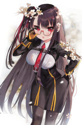 Rule 34 | 1girl, :o, adjusting eyewear, arm up, bespectacled, black dress, black hair, black pantyhose, blush, breasts, dress, feet out of frame, girls&#039; frontline, glasses, gloves, hair ribbon, hand on own hip, highres, kongya, leaning forward, long hair, long sleeves, looking at viewer, medium breasts, necktie, one side up, open mouth, orange gloves, pantyhose, red-tinted eyewear, red eyes, red necktie, red ribbon, ribbon, semi-rimless eyewear, solo, standing, straight hair, tinted eyewear, under-rim eyewear, underbust, v-shaped eyebrows, very long hair, wa2000 (girls&#039; frontline)