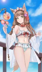 Rule 34 | 1girl, animal ears, anizi, bare shoulders, bikini, bikini skirt, breasts, brown hair, closed mouth, day, detached collar, flower, fox ears, fox girl, fox tail, frilled bikini, frills, green eyes, hair flower, hair ornament, highres, long hair, long sleeves, looking at viewer, maho (princess connect!), medium breasts, midriff, navel, off shoulder, open clothes, outdoors, princess connect!, see-through, solo, standing, stomach, string bikini, swimsuit, tail, thighs, underboob, white bikini, wide sleeves