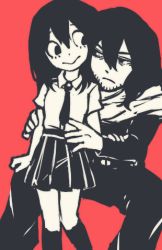 Rule 34 | 1boy, 1girl, age difference, aged down, asui tsuyu, bad id, bad twitter id, boku no hero academia, child, closed mouth, eraser head (boku no hero academia), eye contact, facial hair, flat chest, half-closed eyes, hand on another&#039;s arm, hand on another&#039;s knee, hands up, hetero, kneehighs, knees together feet apart, long hair, long sleeves, looking at another, lowres, miniskirt, monochrome, necktie, pants, pleated skirt, red background, robot (pixiv 42325944), scarf, school uniform, shirt, short sleeves, simple background, sitting, sketch, skirt, socks, spread legs, standing, teacher and student, waist grab