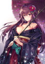 Rule 34 | 1girl, alternate costume, bare shoulders, blue bow, blush, bow, braid, breasts, cenangam, cleavage, closed mouth, collarbone, fate/grand order, fate (series), floral print, glowing, gradient background, grey background, holding, holding umbrella, japanese clothes, kimono, large breasts, long hair, long sleeves, looking at viewer, md5 mismatch, obi, off shoulder, oil-paper umbrella, petals, print kimono, purple hair, purple kimono, red eyes, resolution mismatch, sash, scathach (fate), side braid, smile, solo, source smaller, sparkle, straight hair, umbrella, upper body, very long hair, wide sleeves