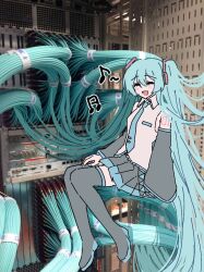 Rule 34 | 1girl, arm tattoo, beamed eighth notes, black footwear, black skirt, black thighhighs, blue hair, blue necktie, blush, boots, breast pocket, cable, closed eyes, color connection, detached sleeves, eighth note, grey sleeves, hand on own thigh, hatsune miku, headphones, long hair, musical note, necktie, open mouth, photo background, pleated skirt, pocket, server, shirt, skirt, sleeveless, sleeveless shirt, smile, solo, tattoo, thigh boots, thighhighs, twintails, very long hair, vocaloid, white shirt, yunayuispink