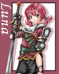 Rule 34 | 1041 (toshikazu), 1girl, character name, green eyes, looking at viewer, low twintails, luna (soulcalibur), pink hair, smile, solo, soul calibur, soulcalibur iii, sword, twintails, weapon