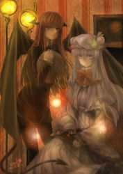 Rule 34 | 2girls, black legwear, book, bow, crescent, crescent hair ornament, dated, demon tail, demon wings, double bun, dress, frown, globe, hair bow, hair bun, hair ornament, hand on lap, hat, hat ribbon, head wings, highres, hugging object, indoors, jacket, koakuma, lamp, leaning, light particles, light smile, long hair, looking at viewer, mob cap, multiple girls, neuf, pantyhose, patchouli knowledge, purple eyes, purple hair, red eyes, red hair, ribbon, robe, sidelocks, signature, sitting, skirt, striped background, striped clothes, striped dress, suit jacket, tail, touhou, tray, very long hair, wings