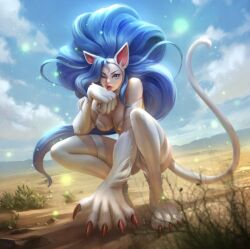 Rule 34 | 1girl, :p, animal ears, animal hands, bare shoulders, blue eyes, blue hair, blue sky, breasts, cat ears, cat tail, cloud, felicia (vampire), long hair, medium breasts, official art, one eye closed, sky, tail, teppen, tongue, tongue out, vampire (game), very long hair, white fur, wink