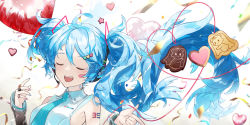 Rule 34 | 1girl, 39, absurdres, ai kotoba iv (vocaloid), arm tattoo, balloon, bare shoulders, black sleeves, blue nails, blue necktie, blush, closed eyes, clover hair ornament, collared shirt, commentary, confetti, detached sleeves, hair ornament, hatsune miku, hatsune miku (vocaloid4), headphones, headset, heart, heart-shaped cookie, heart balloon, heart hair ornament, heart of string, highres, jewelry, long hair, microphone, multicolored nails, multiple rings, nail polish, necktie, number tattoo, ojama mushi ii (vocaloid), open mouth, pink nails, power symbol, ring, shirt, smile, solo, tattoo, twintails, upper body, very long hair, vocaloid, white shirt, yohki