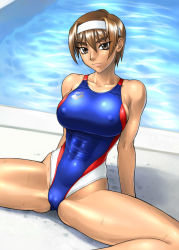 Rule 34 | 1girl, arena (company), arm support, bang-you, breasts, brown eyes, brown hair, cameltoe, cleft of venus, collarbone, competition swimsuit, covered erect nipples, hairband, highleg, highleg swimsuit, kashiwagi azusa, kizuato, large breasts, muscular, one-piece swimsuit, pool, shiny skin, short hair, sitting, skin tight, smile, solo, spread legs, swimsuit, tan, thighs, tomboy, toned, wet