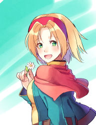 Rule 34 | 1girl, :d, bad id, bad pixiv id, blue sky, blush, breasts, capelet, cecilia lynne adelhyde, cloud, cloudy sky, commentary request, day, flower, flower request, green eyes, hairband, hand up, holding, holding flower, jacket, long sleeves, looking at viewer, open mouth, orange hair, outdoors, red capelet, red hairband, short hair, sky, smile, solo, upper body, white flower, wild arms, wild arms 1, yururi-ra