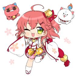 Rule 34 | 1girl, 35p (sakura miko), ahoge, bell, breasts, cat, cherry blossom print, cherry blossoms, chibi, collar, floral print, frills, full body, green eyes, hair bell, hair ornament, hairclip, highres, hololive, kintoki (sakura miko), looking at viewer, nontraditional miko, okunin, one eye closed, one side up, open mouth, paw print, paw print pattern, petal print, pink cat, pink hair, red collar, sakura miko, sakura miko (1st costume), sandals, sideboob, single sock, socks, virtual youtuber, w, white cat, wide sleeves