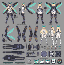 Rule 34 | 1girl, armor, ass, blonde hair, bow hairband, character sheet, cleavage cutout, clothing cutout, commentary, concept art, energy wings, english commentary, english text, faulds, fin funnels, flat color, full body, green wings, hairband, headgear, highres, huge weapon, leotard, long hair, mecha musume, mechanical arms, mechanical legs, nijisanji, nijisanji en, pomu rainpuff, pomudachi (pomu rainpuff), railgun, red eyes, robot ears, solo focus, substance20, thighhighs, virtual youtuber, weapon, white leotard, white thighhighs, wings