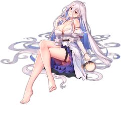 Rule 34 | 1girl, absurdly long hair, ark order, bare legs, barefoot, blue hair, blush, breasts, bridal garter, cleavage, closed mouth, crossed legs, detached sleeves, dress, feet, fish, gold, hair between eyes, head tilt, jewelry, large breasts, long hair, lucetia (ark order), multicolored hair, necklace, official art, parted lips, puffer fish, puffy short sleeves, puffy sleeves, red eyes, ring, short sleeves, sidelocks, silver hair, sitting, solo, strapless, strapless dress, transparent background, very long hair, wavy hair, white dress, you ni ge shaobing