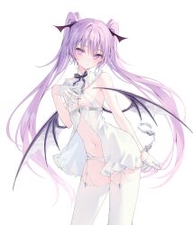 Rule 34 | 1girl, absurdres, cuffs, garter straps, gloves, hand on own chest, handcuffs, highres, navel, purple eyes, purple hair, rurudo, solo, thighhighs, twintails, white background, white gloves, white thighhighs, wings