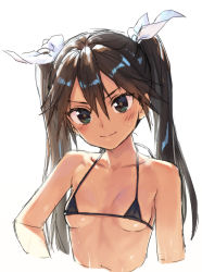 Rule 34 | 1girl, absurdres, bare shoulders, bikini, black bikini, blush, breasts, brown hair, cleavage, closed mouth, collarbone, commentary request, green eyes, hair between eyes, hair ribbon, highres, kantai collection, kawakami rokkaku, long hair, looking at viewer, ribbon, simple background, sketch, small breasts, smile, solo, swimsuit, tone (kancolle), twintails, upper body, wet, white background
