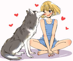 Rule 34 | 1girl, ;d, animal, artist name, barefoot, blonde hair, blue eyes, blue shorts, blue tank top, blush, collarbone, commentary request, dog, full body, happy, indian style, licking, licking another&#039;s face, looking at animal, nail polish, one eye closed, open mouth, original, red nails, short hair, shorts, signature, simple background, sitting, smile, solo, sugano manami, tank top, toenail polish, toenails, toes, tongue, tongue out, white background
