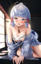 Rule 34 | 1girl, :d, arm support, ayaka (genshin impact), bare shoulders, blue eyes, blue hair, blue kimono, blunt bangs, blunt tresses, blush, breasts, budget sarashi, chest sarashi, cleavage, commentary request, cowboy shot, floral print, flower knot, genshin impact, groin, hair ribbon, high ponytail, highres, hominamia, indoors, japanese clothes, kimono, leaning forward, long hair, looking at viewer, medium breasts, mole, mole on breast, mole on shoulder, mole under eye, neck tassel, no panties, open clothes, open kimono, open mouth, ponytail, print kimono, ribbon, sarashi, sitting, smile, solo, thighs, tress ribbon, undone sarashi