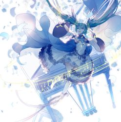 Rule 34 | 1girl, aqua hair, arm up, bad id, bad pixiv id, barefoot, beamed quavers, blue eyes, crotchet, dress, floating hair, hair between eyes, hand up, hatsune miku, instrument, long hair, looking up, lyodi, musical note, open mouth, outstretched arm, piano, piano bench, quaver, scrunchie, sheet music, smile, solo, twintails, vocaloid, white dress, wrist scrunchie