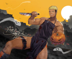 Rule 34 | 1boy, apron, bara, black apron, blonde hair, blood, brown hair, bulge, commission, dagger, dark-skinned male, dark skin, dutch angle, ear piercing, facial hair, facial scar, feet out of frame, ghost, goatee, halloween, holding, holding dagger, holding knife, holding weapon, jack-o&#039;-lantern, jin (sirius-j), jockstrap, knife, large pectorals, looking at viewer, male focus, male underwear, male underwear peek, mature male, multicolored hair, muscular, muscular male, navel, nipples, orange male underwear, original, pectorals, piercing, romg, scar, scar across eye, scar on cheek, scar on face, short hair, sideburns, sidepec, solo, spiked hair, thick eyebrows, thick thighs, thighs, two-tone hair, undercut, underwear, weapon