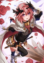 Rule 34 | 1boy, armor, astolfo (fate), black bow, black thighhighs, blush, bow, braid, cape, fate/apocrypha, fate/grand order, fate (series), faulds, flower, fur-trimmed cape, fur trim, garter straps, gauntlets, gloves, hair intakes, highres, inue ao, long braid, long hair, long sleeves, looking at viewer, male focus, multicolored hair, open mouth, petals, pink hair, purple eyes, revision, rose, rose petals, single braid, smile, solo, streaked hair, thighhighs, trap, white cape