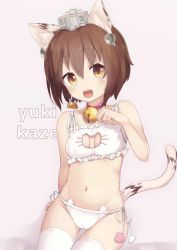 Rule 34 | 10s, 1girl, absurdres, animal ears, bell, blush, bra, breasts, brown eyes, brown hair, cat ears, cat lingerie, cat tail, cleavage cutout, clothing cutout, highres, jingle bell, kantai collection, kemonomimi mode, komainu akira, looking at viewer, meme attire, navel, open mouth, panties, short hair, side-tie panties, sitting, small breasts, smile, solo, tail, thighhighs, underwear, yukikaze (kancolle)