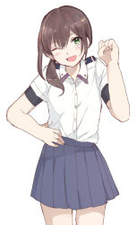 Rule 34 | 1girl, alternate costume, blue skirt, brown hair, dress shirt, epaulettes, fubuki (kancolle), green eyes, hair over shoulder, hand on own hip, highres, hiroe (cosmos blue-02 421), kantai collection, long hair, looking at viewer, low ponytail, military, military uniform, one eye closed, pleated skirt, shirt, short ponytail, sidelocks, simple background, skirt, solo, uniform, white background, white shirt