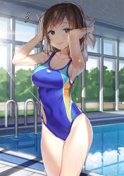 Rule 34 | 10s, 1girl, armpits, bad id, bad twitter id, bare shoulders, breasts, brown eyes, brown hair, competition swimsuit, covered navel, day, dr poapo, highres, idolmaster, idolmaster cinderella girls, medium breasts, nitta minami, one-piece swimsuit, pool, reflection, solo, swimsuit, towel, wet