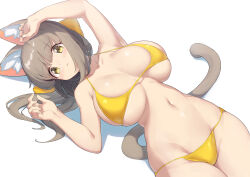 Rule 34 | 1girl, animal ear fluff, animal ears, arukiru, bikini, blush, breasts, brown hair, cat ears, cat tail, collarbone, commentary request, fingernails, highres, huge breasts, long hair, looking at viewer, lying, navel, on back, original, simple background, stomach, swimsuit, tail, thighs, white background, yellow bikini, yellow eyes