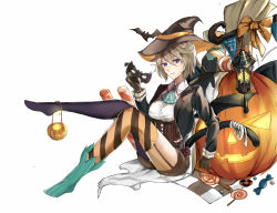 Rule 34 | 1girl, alternate costume, asymmetrical legwear, belt, bismarck (warship girls r), black jacket, blue eyes, bow, brown gloves, brown hair, brown hat, brown shorts, candy, closed mouth, cross, cushion, food, garter straps, girdle, gloves, halloween, hand up, hat, holding, holding mask, iron cross, jack-o&#039;-lantern, jacket, leaning on object, leg up, lights, lollipop, looking at viewer, mask, neckerchief, no shoes, open clothes, open jacket, pointy hair, pumpkin, purple thighhighs, shirt, short hair, shorts, sitting, sitting on lap, sitting on person, solo, striped clothes, striped thighhighs, thighhighs, uneven legwear, warship girls r, white background, white shirt, witch hat, yamashita hakuu