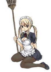 Rule 34 | 1girl, apron, arm behind back, blonde hair, breasts, broom, brown eyes, brown pantyhose, cleavage, cleavage cutout, closed mouth, clothing cutout, fairy tail, female focus, full body, hair between eyes, holding, holding broom, jacket, large breasts, long hair, looking at viewer, lucy heartfilia, maid, maid headdress, mashima hiro, miniskirt, pantyhose, ribbon, shoes, simple background, sitting, skirt, solo, swept bangs, twintails, uniform, very long hair, white background